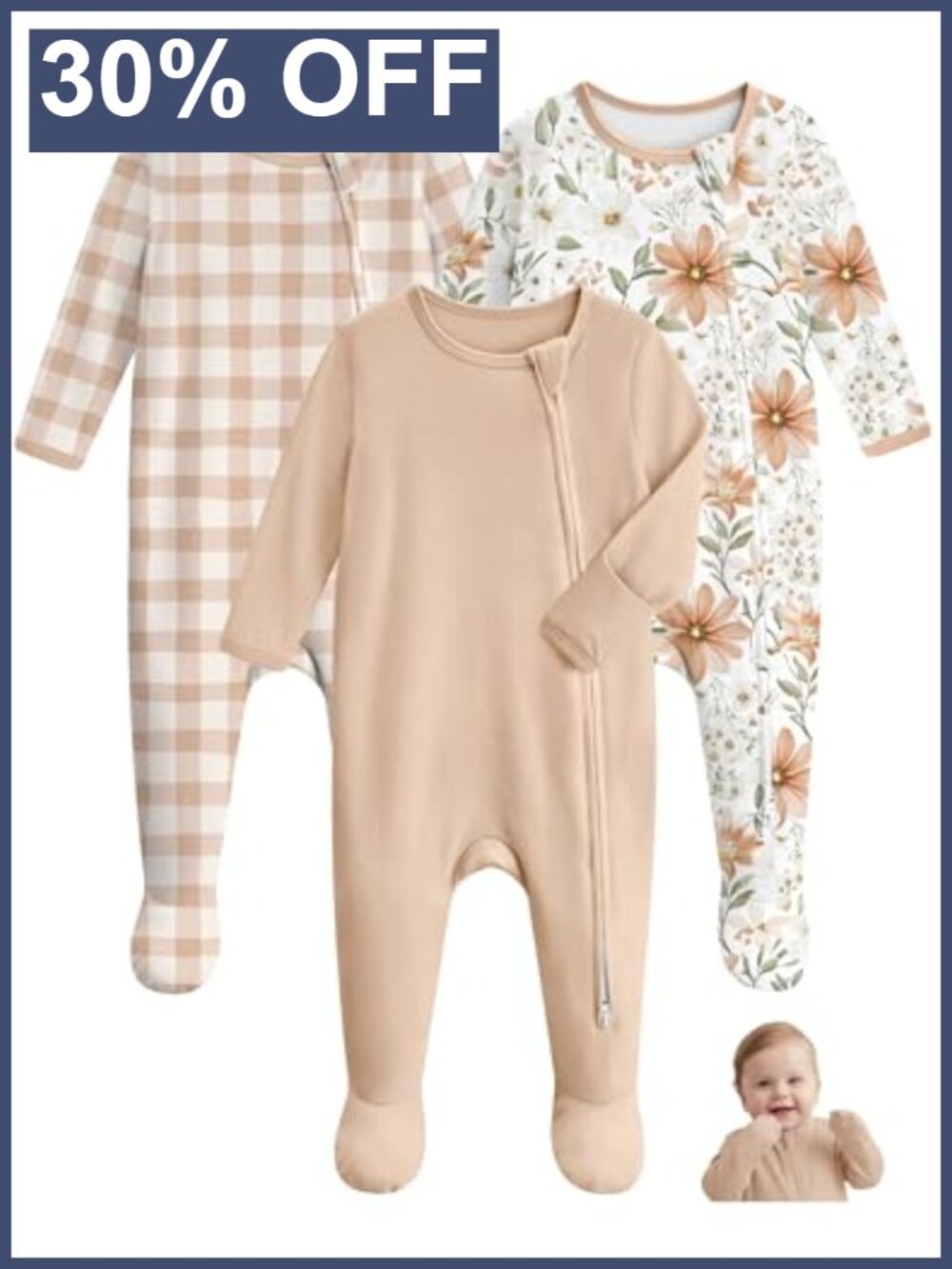 3-Pack Baby Sleepers 100% Organic Cotton Footie Pajamas Long Sleeve Two-Way